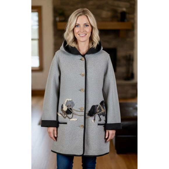 GIESSWEIN Vintage Gray Boiled Wool Horse Sleigh Winter Mid Hooded Coat 40/10 - Picture 1 of 9